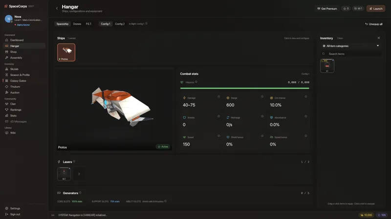 The hangar: a Protos in its bay, combat stats, laser and generator slots, and the inventory.