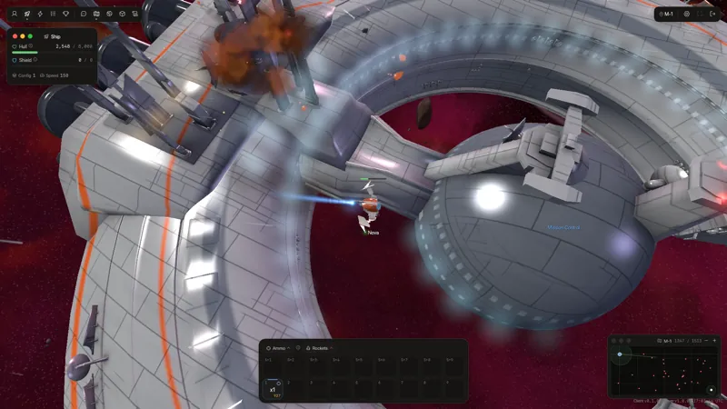 The pilot's ship flying over the giant ring of the Mission Control station, an explosion flaring on its hull.