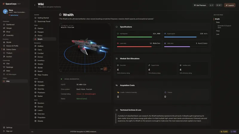 The in-game wiki's Wraith page: the painted battleship turning on a holographic pad beside its specifications.